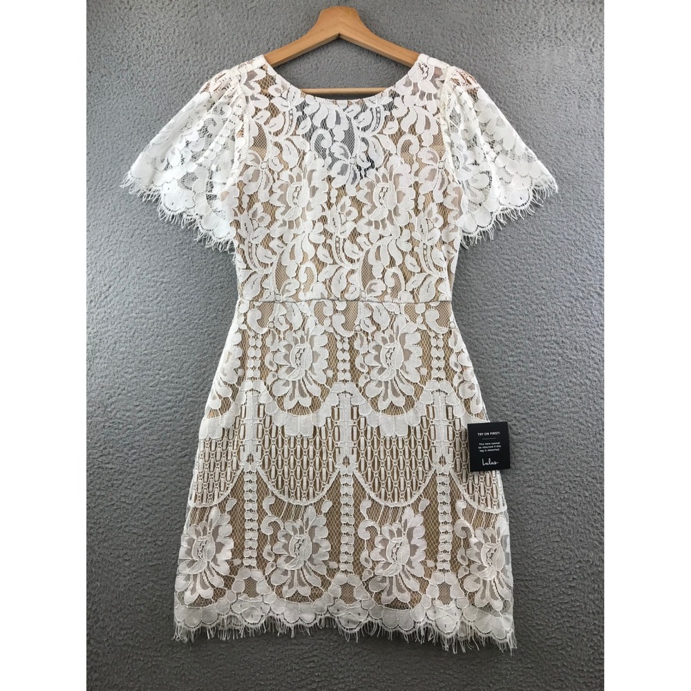 New Lulus White Lace Dress Cocktail Party Wedding Guest Flared Sleeve Mini Small
